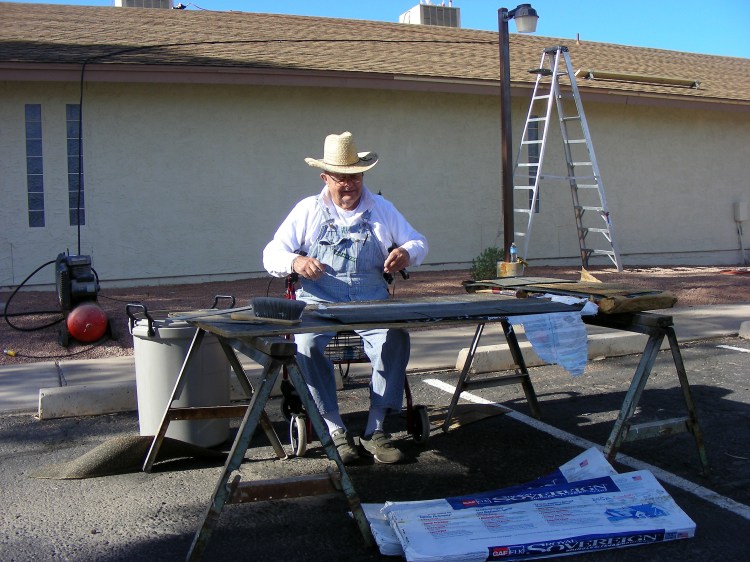 Here is Merle performing surgery on some shingles.