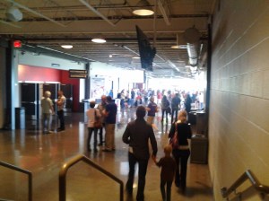 Down these stairs to worship on the left and straight ahead to coffee and dough nut holes...