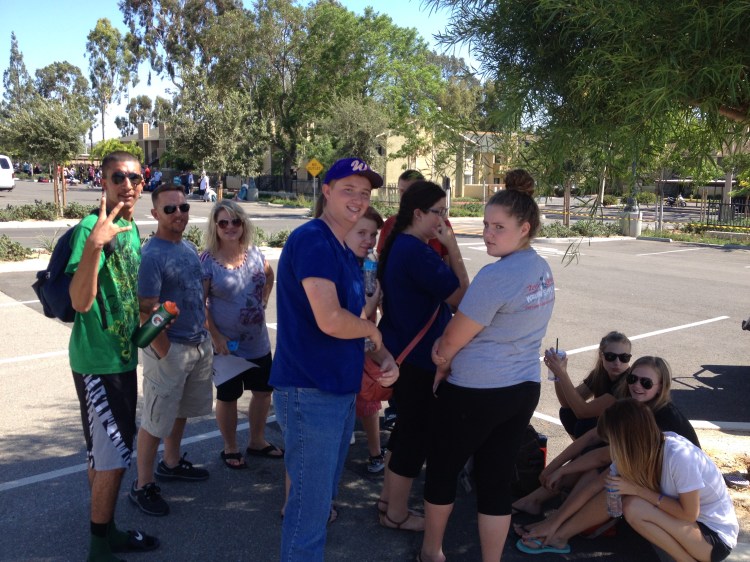 After enduring triple digit temperatures from inside of our vehicles, in air conditioned comfort, we await check in at CBU in Riverside...