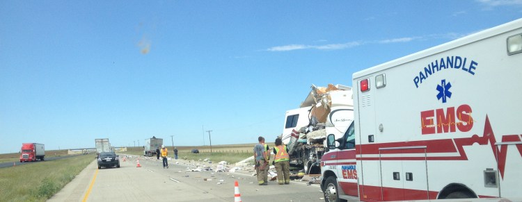 This was in Texas, tractor trailer and a motorhome. Not much left of the RV...